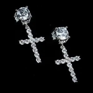 Trendy Silver Hip Hop Cross Cubic Zirconia Stone Ear Drops - Couples' Artificial Gemstone Stud Earrings, Cubic Zirconia Stones