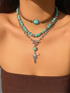 Three-Piece Fashionable Cow Head Geometric Necklace Set, Perfect for Women Any Occasion, Stylish Holiday Style Jewelry, Adjustable Necklace, Accessory Necklace