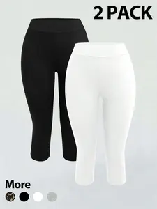 2 Pack Women's High Waisted Capri Leggings, Tummy Control Leopard Print & Solid Workout Yoga Lounge Pants, Soft Stretchy Casual Athletic Tights for Gym Daily