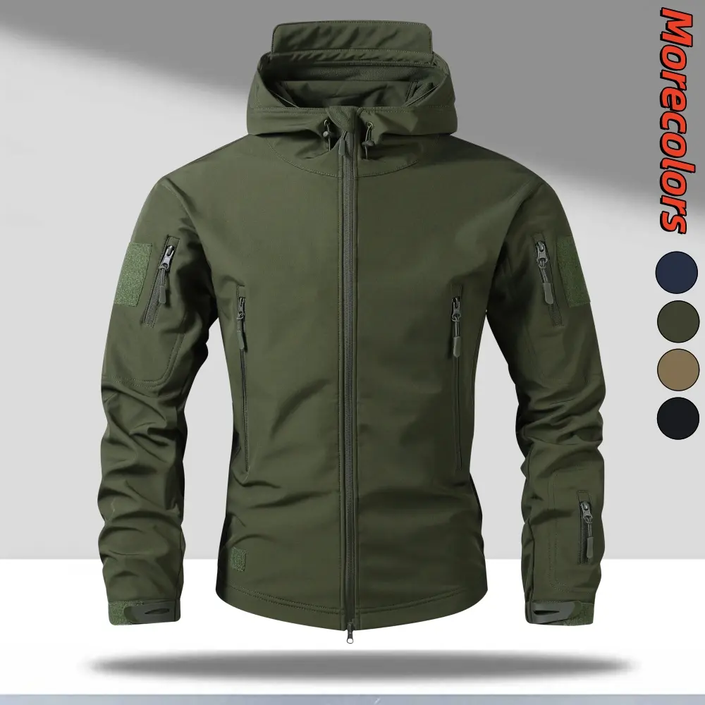 Men’s tactical softshell hooded jacket featuring an outdoor functional workwear style; multiple zippered closures and secure pockets, plus Velcro straps at the arm openings and adjustable hood circumference and Velcro cuffs; a slim, contoured cut suitable