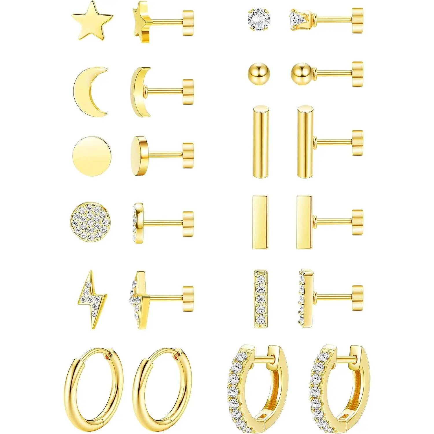 FASACCO 12Pairs Flat Back Earrings for Women Men Plated Stainless Steel Flatback Stud Small Huggie Hoop Earrings 20G Tiny Stud Earring Jewelry Charms Summervibes