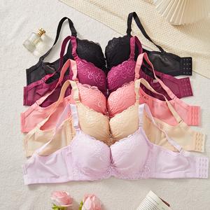 Plus Size Solid Color Lace Bra Women's Lingerie for Daily Wear Breathable Adjustable Strap Push Up Bra 38C-46C Minimalist Vneck Basic Black Burgundy Big Red Pink Apricot Womenswear Casual