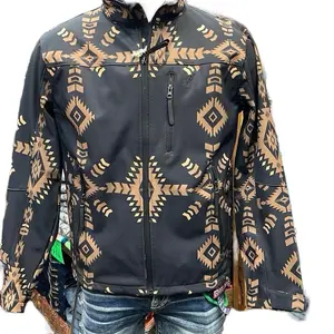 Hooey Mens Softshell Jacket Black Full Zip with Tan Aztec Pattern for Stylish Outdoor Wear