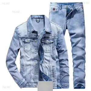 2025 Denim Suit Men's Slim Micro-stretch Two-piece Spring and Autumn Jacket Jeans Clothes Menswear Long Sleeve Dark Blue men's 2 piece set
