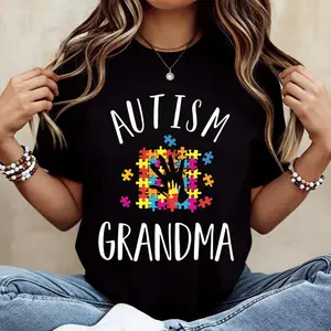 Autism Grandma Puzzle Pieces Print T Shirt Casual Loose Fit Top For Women Autism Awareness Gift Daily Wear