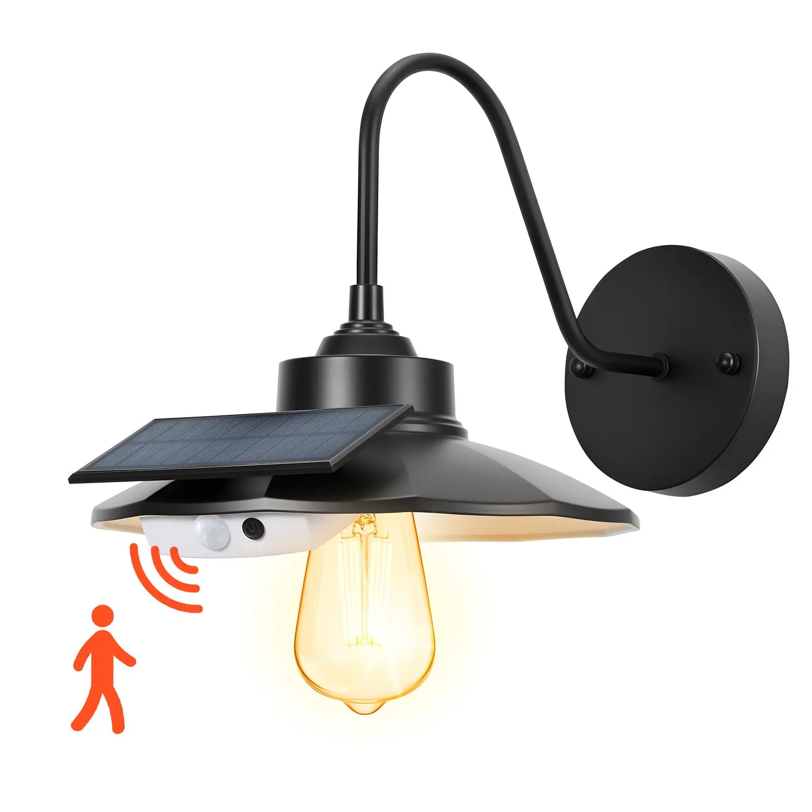 【Summerfinds】VEVOR Iron Solar-Powered Outdoor Barn Light, 1-Pack Classic Adjustable Gooseneck Wall Sconce, 3 Lighting Modes, Motion Sensor, E26 Bulb Compatible, Water-Resistant for Porch, Garage, Entryway, Black