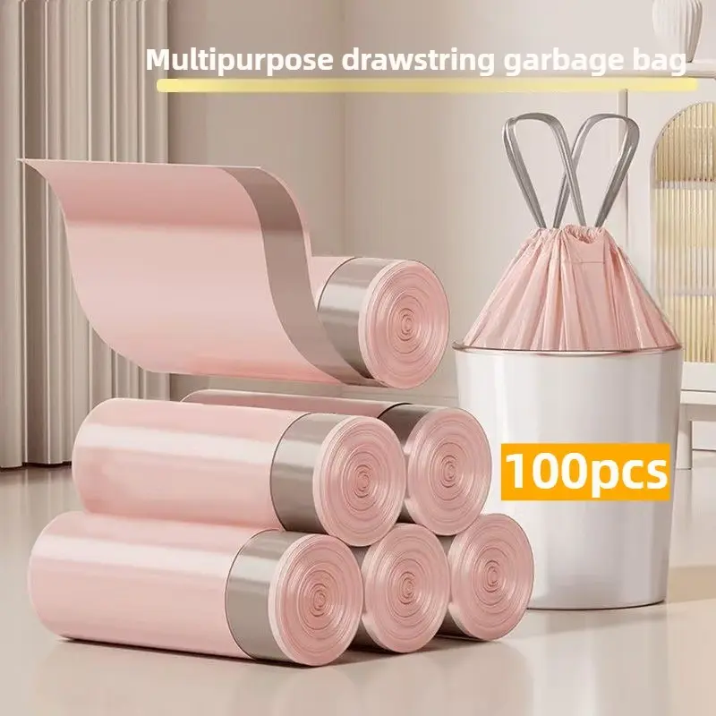 100-Pack Extra Thick Drawstring Garbage Bags - Multipurpose, Foldable, Leak-Proof Plastic Bags for Kitchen, Bathroom, Living Room Cleaning 100Pcs（Pink）