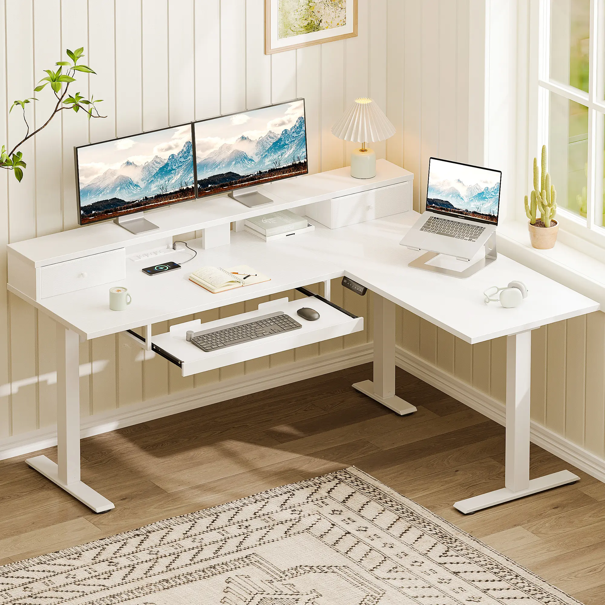 L Shaped Electric Standing Desk with Drawers, 59 Inch Adjustable Corner Desk with Keyboard Tray and Monitor Stand for Home Office Workstation