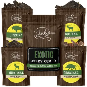 4 pc Exotic Jerky Combo Pack - 100% Whole Muscle Meat Venison, Elk, Buffalo, Wild Boar Jerky - Assorted Wild Game Jerky Variety Pack - Healthy Dried Meat Snacks Individually Packaged - Made in USA Snack Pack - 7 oz.