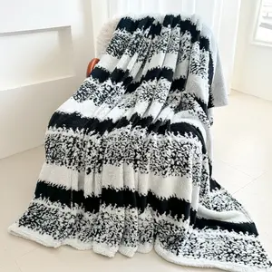 1Pc black and white striped flannel blanket with grained jacquard design, soft and comfortable, all-season universal office nap shawl or bed blanket, Throw blanket, warm leg blanket, Bedroom Decor, Multifunctional blanket, Casual Soft Blanket