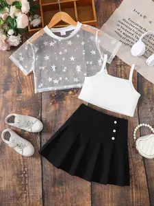 Girls' Fashion Casual Set, Fashion Clothes Sets, Star Pattern Mesh Jacket & Tank Top & Pleated Skirt Three-Piece, Ages 8-12, Stylish and Comfortable, Short Sleeve Top, Unique Star Pattern, Casual Outfit Set