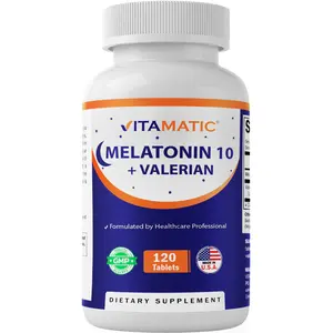 Vitamatic Melatonin 10mg with Valerian Root 4:1 Extract 250 mg 120 Tablets Non-GMO Free of Sugar Yeast Wheat Egg Artificial Flavors & Preservatives