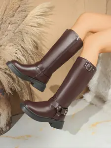 Women's Fashion Boots Set with Sweater, Casual Side Zipper Buckle Motorcycle Boots, Chunky Heel Sexy Style Ladies Footwear, Dress Boot