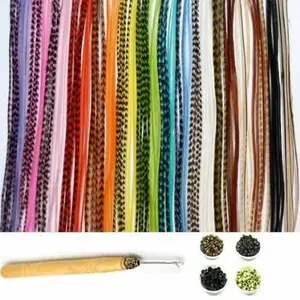 21 Pc Kit "Vivid Mix 7"-11" Feather Hair Extensions 10 Long Genuine Single Feathers 10 Micro Beads & 1 Hook Tool Boho Hairstyle Boho Chic