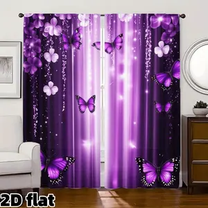 2D Flat 2Pcs Purple Butterfly Floral Print Curtains Romantic Starry Design Semi Sheer Rod Pocket Panels Dreamy Aesthetic Light Filtering Window Treatment for Living Room Bedroom Kitchen Home Decor Privacy Protection Home Decoration Curtain