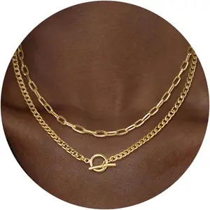 Dainty 14K gold layered necklaces for women trendy Cuban link paperclip chain toggle clasp necklace fashion chunky jewelry for women