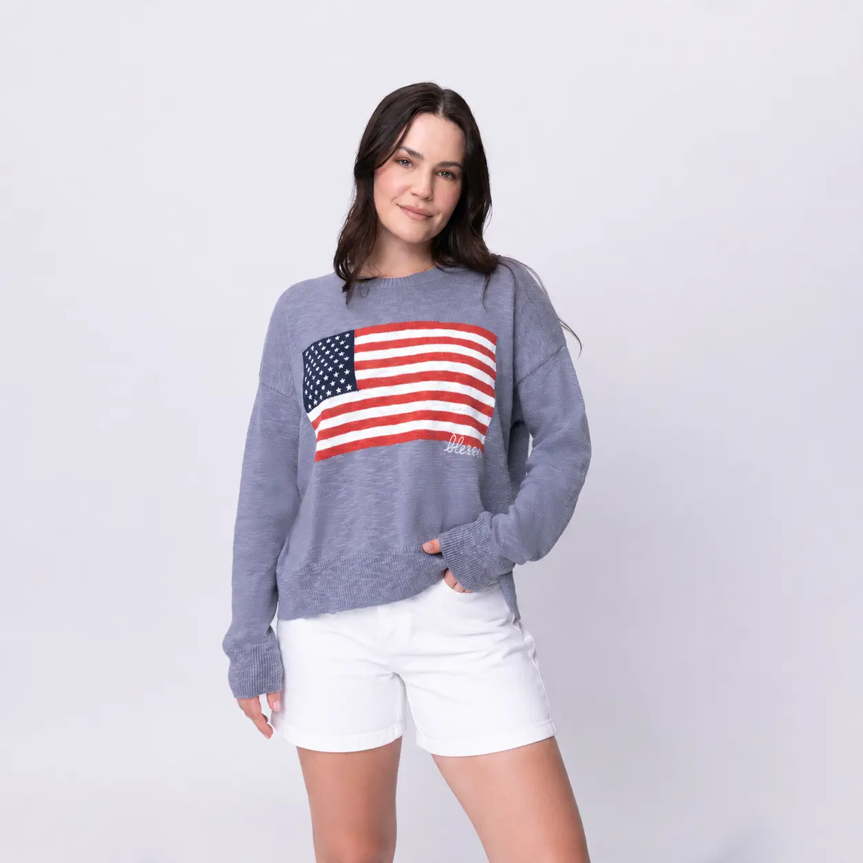 Love in Faith Women's Inspirational Blessed Flag Graphic Pullover Sweater, Relaxed-Fit Cotton Crewneck with Rib Trim, Crew Neck