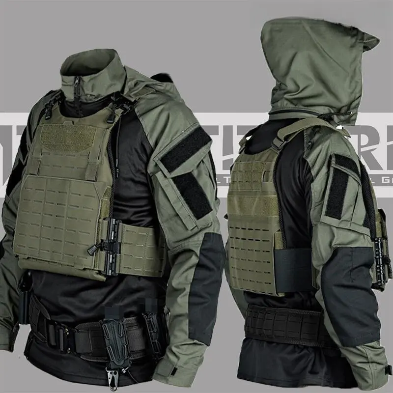 Men's Longsleeves Tactical Combat 2-Piece Set - Camouflage Frog Style Top and Pants for Spring, Autumn Workwear & Special Occasion Menswear, Knitting