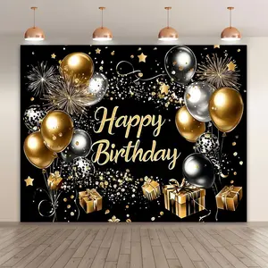 Happy Birthday Balloon & Gift Pattern Background Banner, Durable Polyester Birthday Party Backdrop, Party Decoration Supplies for Home & Outdoor, Ornaments, Party Decorations Banners