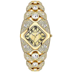 Women's Luxury Gold Iced Out Diamond Bracelet Watch - Square Mother of Pearl Dial with Roman Numerals, Fully Bling Crystal Encrusted Quartz Wristwatch, Perfect Gift for Her