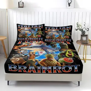 3-Piece Set Of Brain Rot Patterned Bed Sheets, Including 1 Bed Sheet And 2 Pillowcases, Comfortable Bedding, Non Slip Suitable For Bedrooms, Suitable For Gifts For Teenagers And Adults