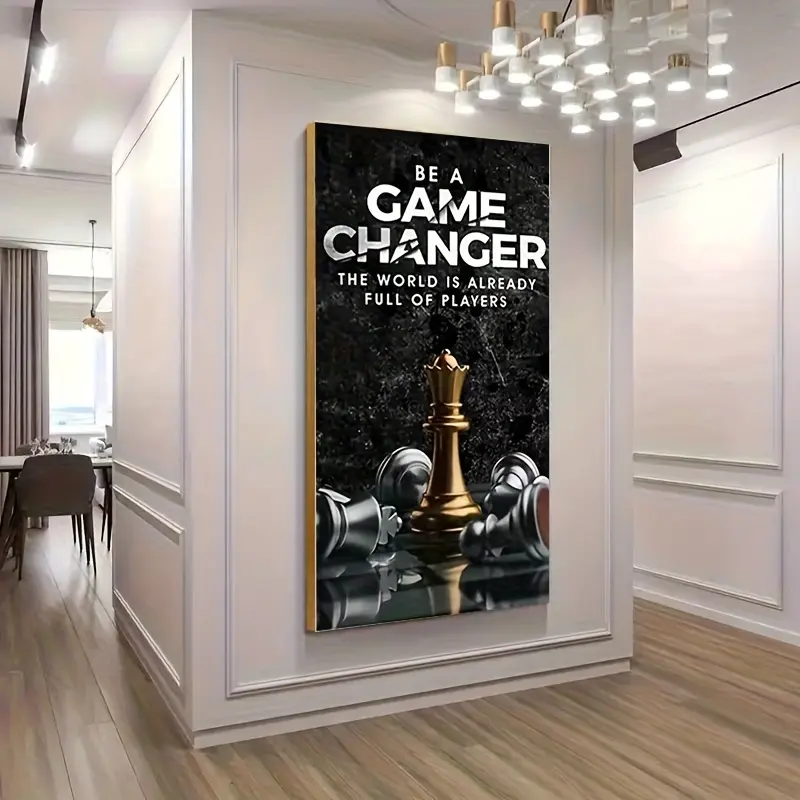 Large Frame-Style Modern Abstract Graphic Canvas Wall Art Print - Motivational Quote Print with "Be a Game Changer" Chess King & Crown Design, Home Supplies for Living Room, Kid Room Decor Gift, Wardrobe