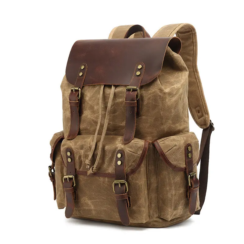 Women's Vintage Waxed Canvas Backpack with Distressed Leather Trim, Large Capacity 15.6-in Laptop Bag for Hiking & School, Large Cap., Multi-Pocket, Distressed Cowhide Leather, Organized Storage, Outdoor Hiking, Casual, Chic Women's Fashion Backpacks, No