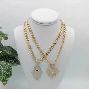 Women's 14k Gold Plated Choker Necklace with Hamsa Hand & Heart Charms High Quality Jewelry for Female