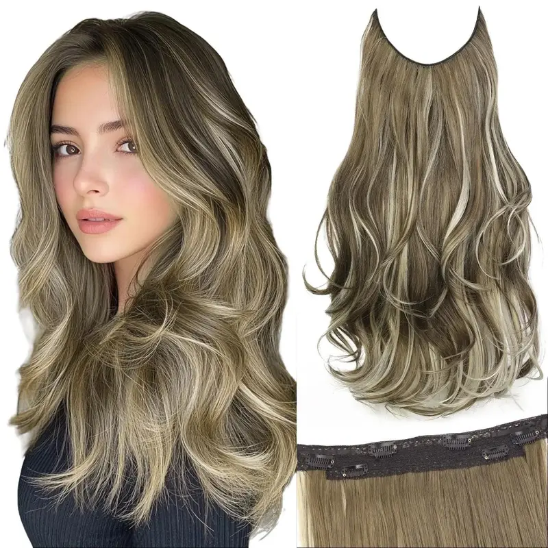 Sohochic AISI HAIR Invisible Wire Hair Halo Extensions Long Straight Layered Synthetic with Transparent Adjustable Size 6 Secure Clips Hairpieces for Women 20 Inch Essential Tool Durable Sturdy Pre Cut Closure, Synthetic Soft Hair, Halo Hair Extension