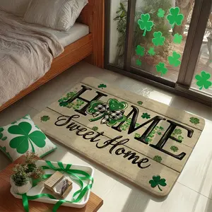 JIT 1pc St. Patrick's Woodgrain Clover Welcome Flannel Decorative Entryway Rug Kitchen Rug Set, Flannel End Table Set Rug Floor Mat Non-slip Washable Soft Rug, Suitable for Kitchen, Laundry Room Carpet