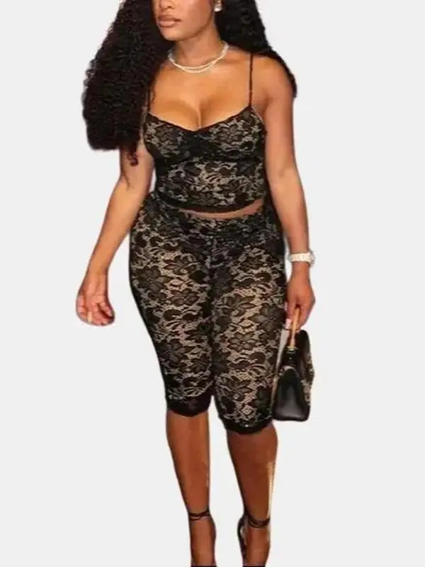 Women's Feminine 2-Piece Lined Lace Apparel Set - Sling Top & Midi Leggings, Night Out Outfit, 2 Piece Set for Women, Two Piece Set