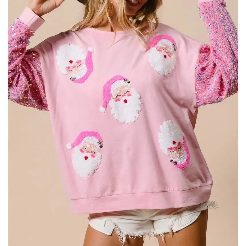 Women's Crew Neck Pullover with Sparkly Sequin Sleeves, Casual Glitter Patchwork Long Sleeve Top for Parties, Hoodie, Baggy, Oversize, Relaxed Fit, Oversized Style, Shimmering Sequins, Patchwork Style, Sparkle Party, Sequin Women's Pullover Sweatshirts