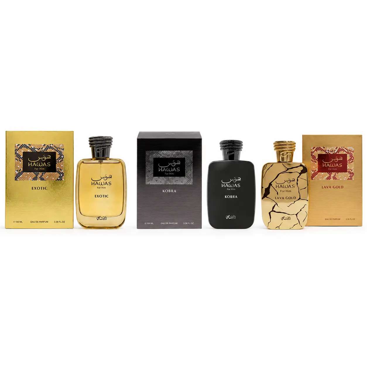 Rasasi Hawas Oriental Trio for Him – Exotic + Kobra + Lava Gold Eau de Parfum 3 × 100ml | Men's Luxury Cologne | Oud Leather Coconut Amber EDP