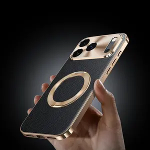 Phone case: Premium Togo Genuine Leather Electroplated Phone Case for iPhone 17/16/15 Pro/Max with Wireless Charging and Magnetic Stand