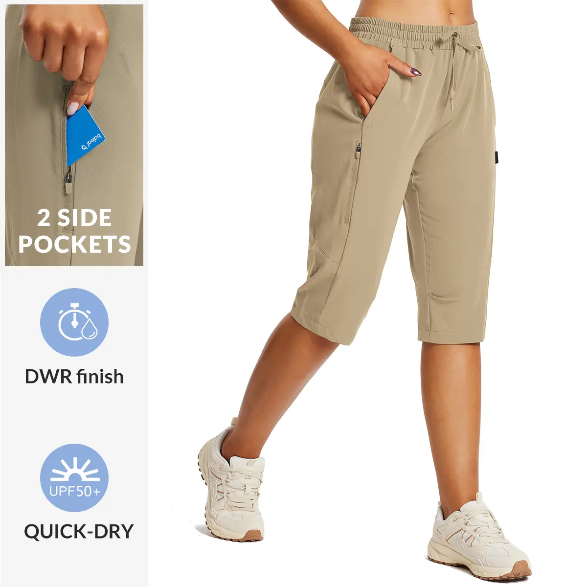 Baleaf Women's 15" Below-The-Knee Capri Hiking Cargo Shorts - Female, Lightweight, Quick Dry, Elastic Waist, Breathable Wear, Built-In Pocket Women's Sports Shorts for Casual Use