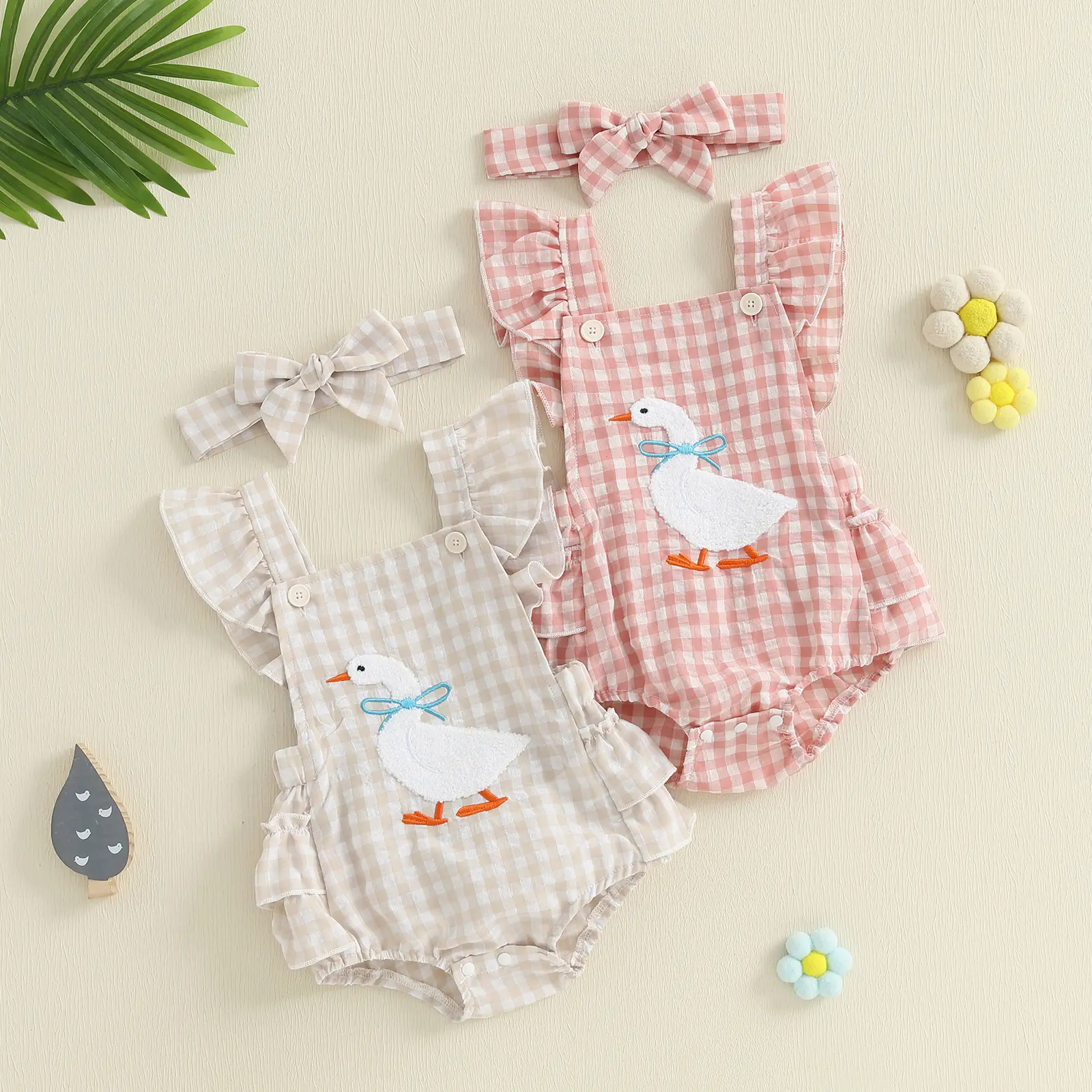 Imcute Toddler Infant Baby Girl Duck Silly Goose Embroidery Romper Flying Sleeve Tiered Plaid Overalls with Headband 0-18 Months