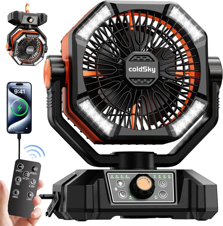 coldSky multifunctional battery rechargeable fan, equipped with four LED lights for illumination