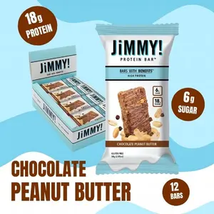 JiMMYBAR! Chocolate Peanut Butter High Protein Bar - 18g Protein, 6g Sugar, Plant-Based Caffeine, Wake & Focus Functional Protein, 12 Count Box, Gluten-Free
