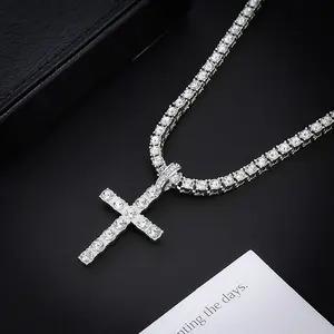 Hip hop alloy rhinestone cross pendant 4mm single row diamond tennis necklace