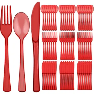 75 PCS Disposable Heavy Duty Plastic Silverware Set - 25 Forks, 25 Knives, 25 Spoons Cutlery for Easter, Birthday, Baby Shower, Garden Party, Wedding (Red)