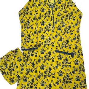 Two Pieces Kurta Set for Women - Yellow with Black Floral Pattern, Short Sleeves, Front Button Closure, Includes Trousers. (NO REFUND OR EXCHANGE)