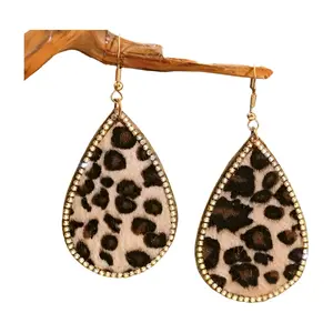 Bohemian Leopard Print Teardrop Earrings - Western Gold-Tone Dangles with Clear Rhinestones - Large Faux-Fur Animal Print Statement Jewelry