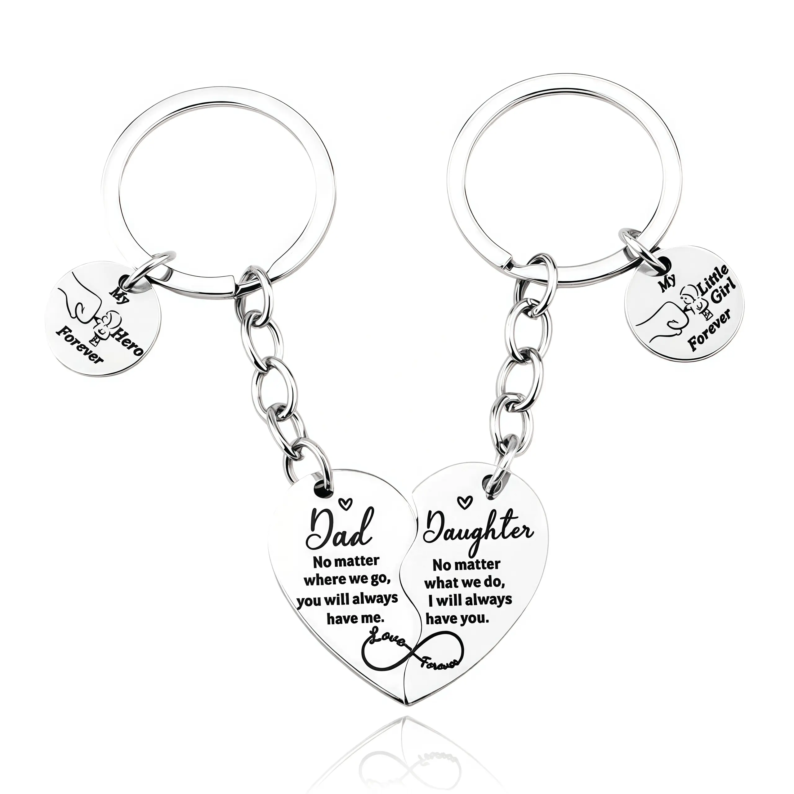 Dad Daughter Matching  Set, Split Heart Stainless Steel Keyring, Father Daughter Forever Engraved  for Father's Day Gift Rotating Retractable Reading Badge Holder dog Large Green Christmas Tree Topper Bow charm decorative key mom birthday