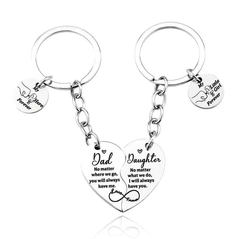 Dad Daughter Matching  Set, Split Heart Stainless Steel Keyring, Father Daughter Forever Engraved  for Father's Day Gift Rotating Retractable Reading Badge Holder dog Large Green Christmas Tree Topper Bow charm decorative key mom birthday