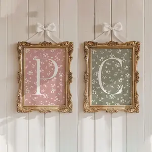 Custom Initial Boho Floral Daisies Dusty Pink Rose Room Decor Personalized Letter Alphabet Retro Wall Baby Girl Neutral Nursery Art Monogram