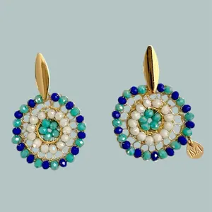 Drop Earrings Turquoise, White & Blue Royal Beaded Design Gold Tone Hook Classic Feminine Statement Jewelry 1.2 x 2 inch Lightweight Nickel Free