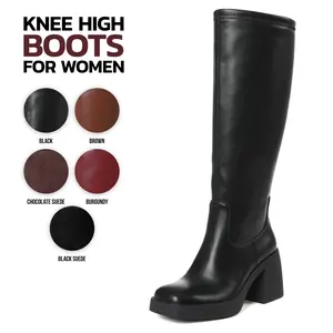 VIMISAOI Knee High Boots For Women Square Toe Chunky Block High Heel Half Side Zipper Comfortable Fashion Date Dress Party Trendy Tall Gogo Womens Boots Girl Walking Brown Boots Valentine Shoes gift for her