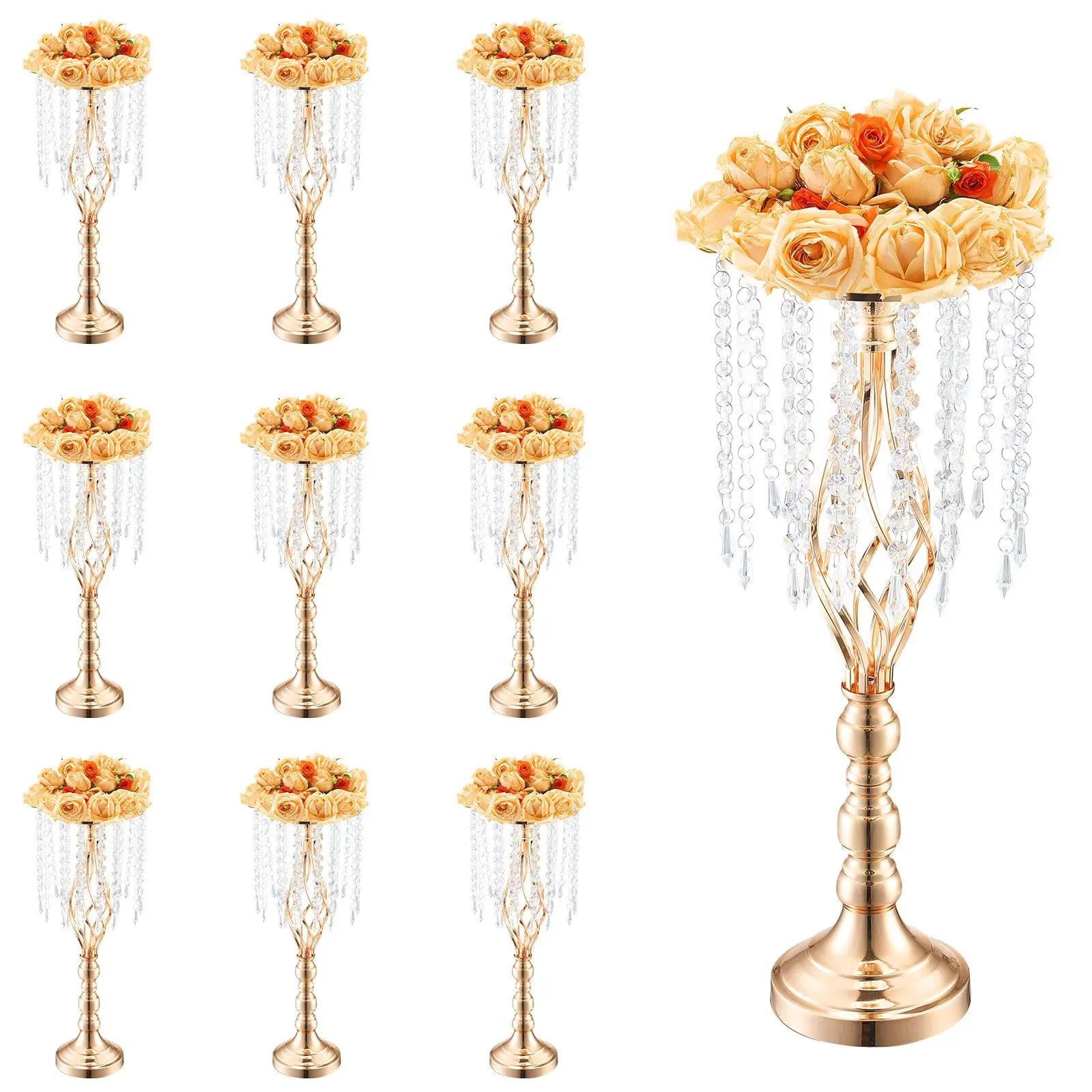 Gold-10PCS Classic Standing Crystal Vase, 55cm Tall Gold Electroplated Carbon Steel Hollow Spiral Artificial Flowers Vase, Wedding Table Centerpieces, Home Decor Floral Arrangement, Artificial Flowers Vases