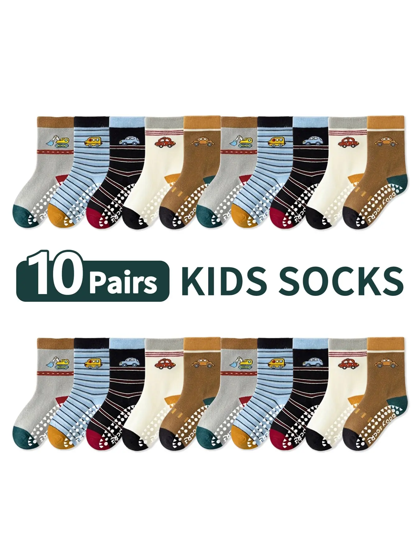 10 Pairs Kids Floor Socks Cartoon Striped Design Car Pattern, Non-Slip Soft Sole Toddler Grip Socks Cozy Indoor Mid-Calf Socks for Boys Girls Infants Toddlers Fun Patterns Cute Socks Soft Material Toddler Socks With Grips
