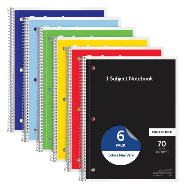 6 Pack Spiral Notebook , 1 Subject, College Ruled Paper, 8 x 10-1/2 Inch, Color Assortment Design May Vary (65007)